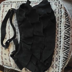 Lizden Shoulder Bag Hobo Purse Black  Suede Leather Ruffle Front Washable Bag